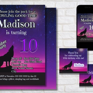 Wolf Birthday Invite + Thank you Note + Menu, Galaxy, Sleepover, Slumber Party Invite, Girl&#39;s Birthday, Birthday Part, Editable Invitation