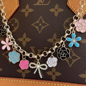 Floral Chain Bag Charm, Rhinestone Ribbon, Camellia Roses Daisies
