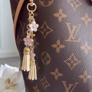 Sakura Flower Purse Charm: Cream Faux Suede Tassel Handbag Accessory