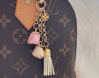 Rosebud Purse Charm: Pink, Beige, and Faux Suede Tassel