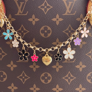 Multi Color Floral, With Gold Hearts Chain Bag Charm.