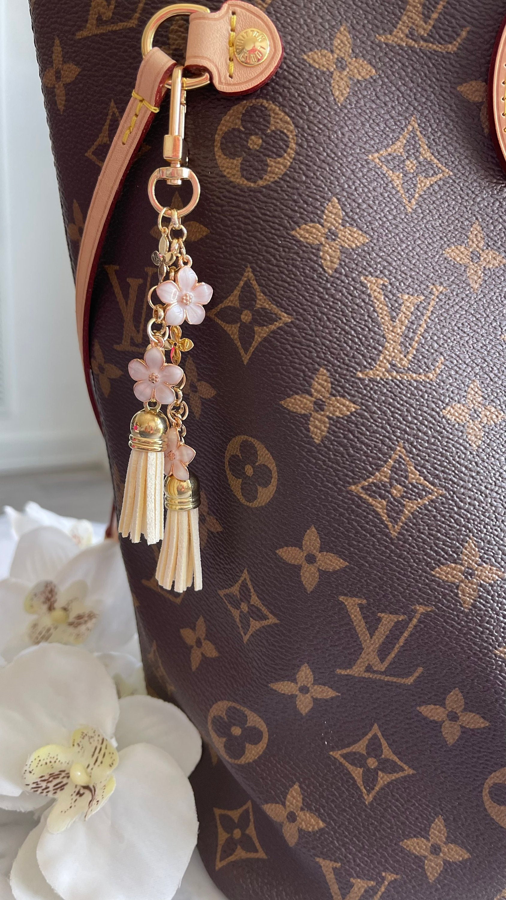 Little Luxuries Designs Louis Vuitton Style Enameled and Rhinestone Flower Charms Keychain/Bag Charm