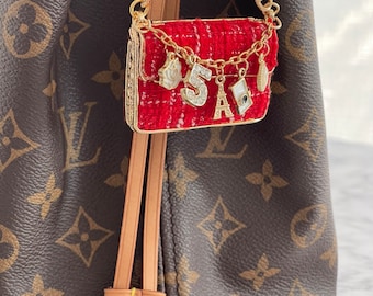 Red Tweed Handbag Charm: Miniature Purse Keychain