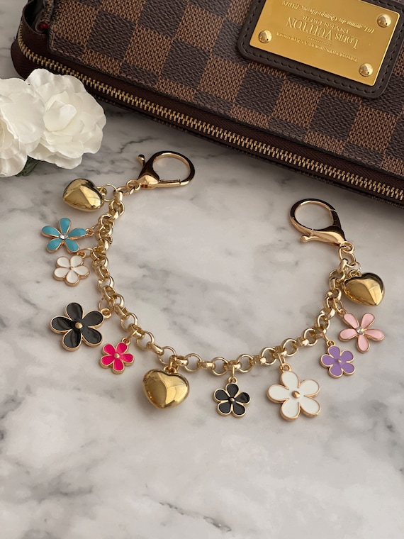 ChicCharmsByCrystal Multi Color Floral, with Gold Hearts Chain Bag Charm.