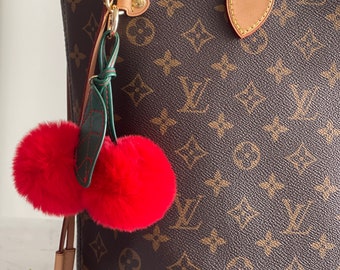 Red Cherries Faux Fur Bag Charm, Trendy Purse Accessory