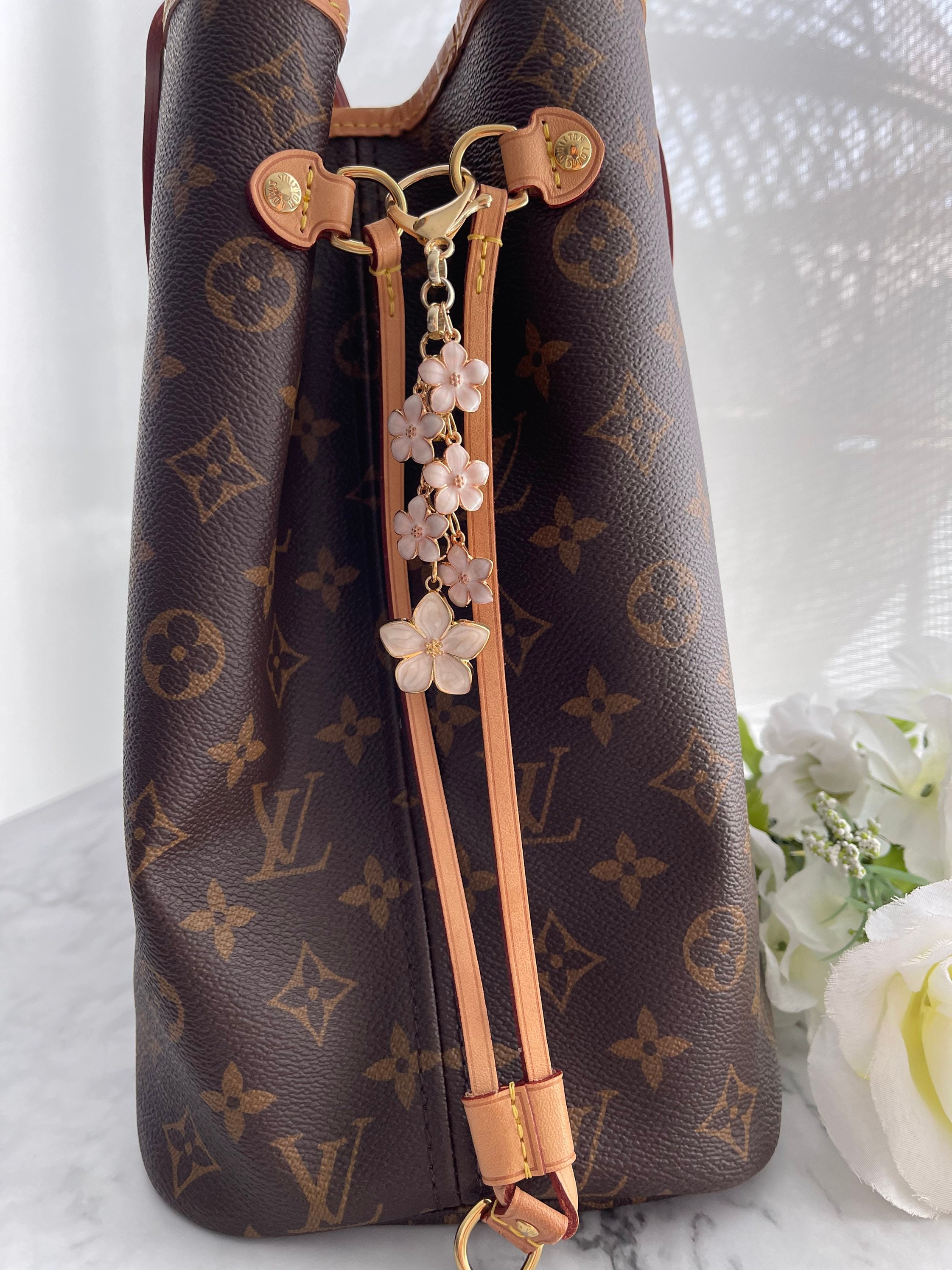 Cream Sakura Flowers faux Suede Tassel Handbag/purse Charm 