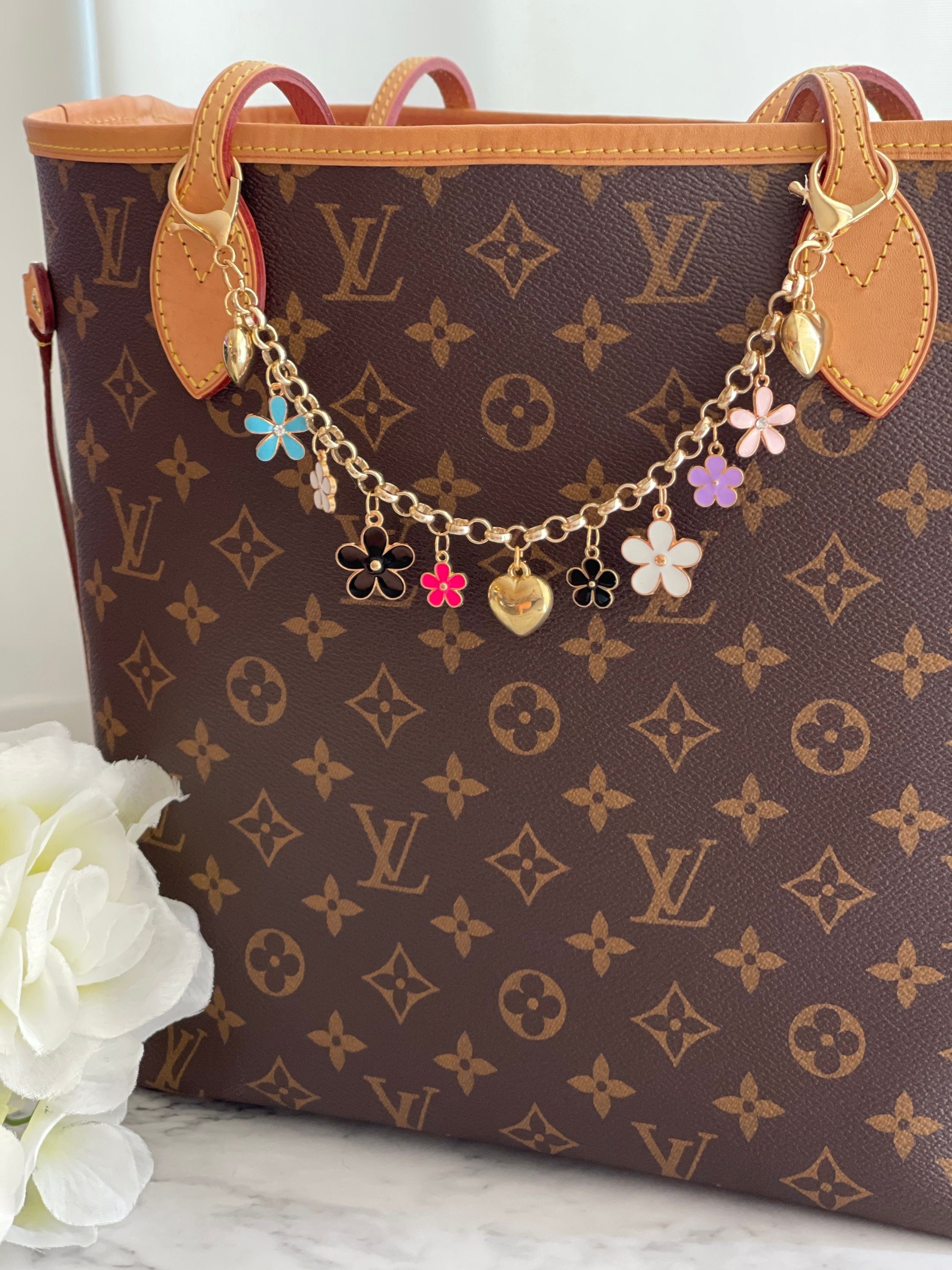 Multi Color Floral With Gold Hearts Chain Bag Charm. 
