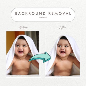 May include: Before and after image showing background removal. A baby is wrapped in a white towel, smiling. The background is removed in the after image.