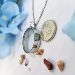 May include: A silver locket necklace with a clear glass centre, displayed with a coin and small decorative stones and shells. The necklace chain is visible, and the locket is round. The background includes blue flowers.