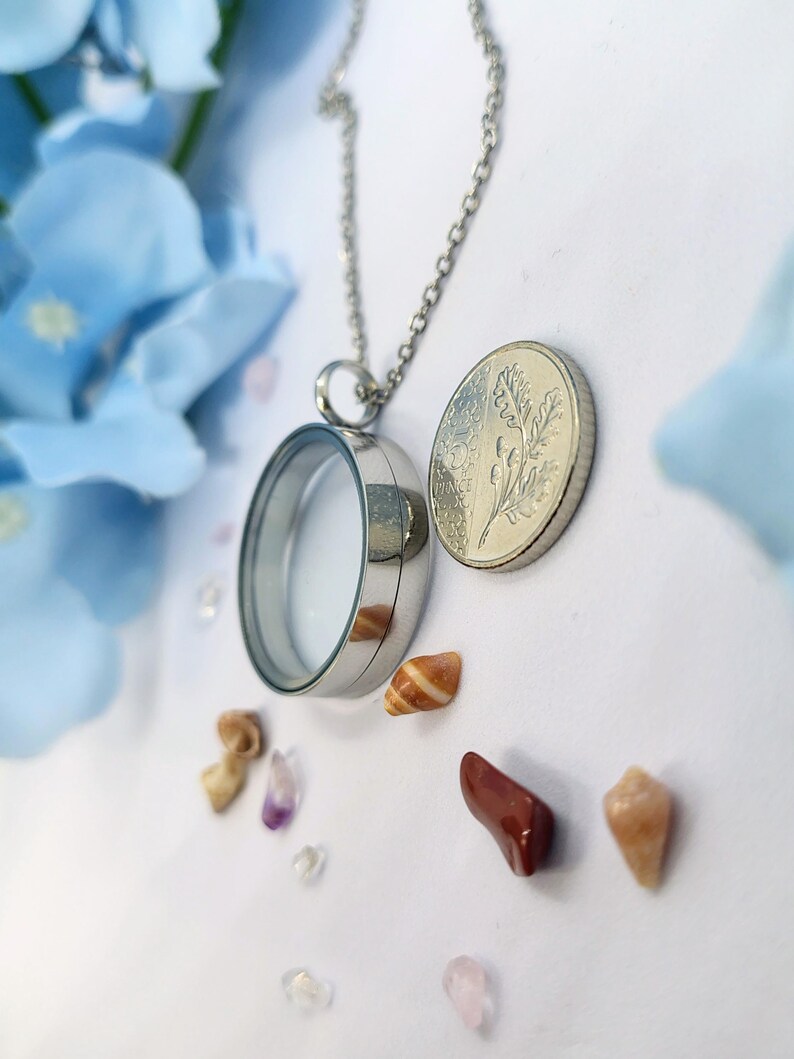 May include: A silver locket necklace with a clear glass centre, displayed with a coin and small decorative stones and shells. The necklace chain is visible, and the locket is round. The background includes blue flowers.