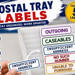 Pode incluir: Um conjunto de cinco etiquetas retangulares para bandejas postais com fundo branco e bordas coloridas. As etiquetas contêm o texto: OUTGOING, CASEABLES, INSUFFICIENT ADDRESS, NO SUCH NUMBER e UNABLE TO FORWARD. Etiquetas de vinil durável e resistente à água.