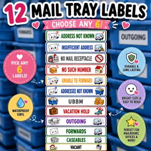 May include: A set of 12 mail tray labels with various messages like "Address Not Known" and "Vacation Hold." The labels are colorful, with cute illustrations and text. The image also highlights that the labels are waterproof vinyl.