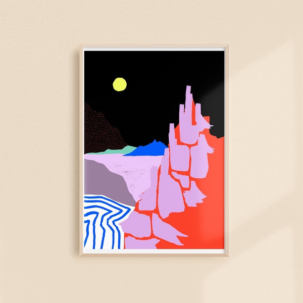 Poster d'un dessin de paysage graphique sous la pleine lune pour une décoration design de vos murs fond noir et montagne rouge rivière coule