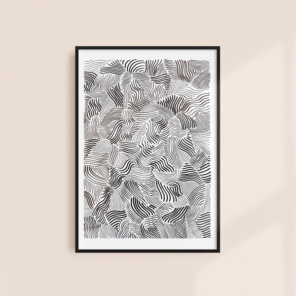 Hand-drawn abstract black and white illustration and printed giclée zebra effect tiger linear animal skin and graphic wavy