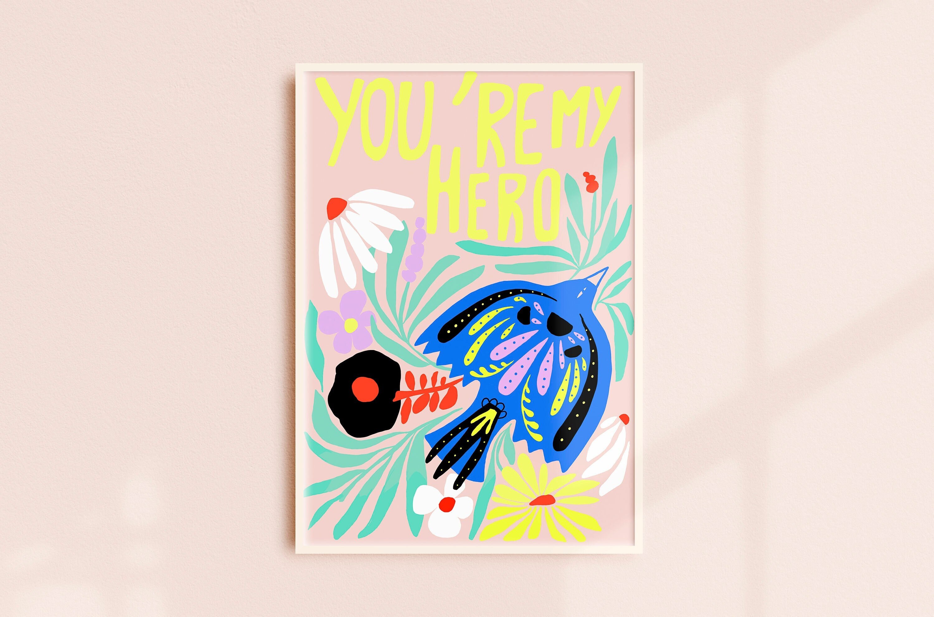 Affiche A4 Imprimée Giclée Oiseau Bleu, Jaune, My Hero, Blue Bird Gift, Fly Over, Flowers, Fleurs, D