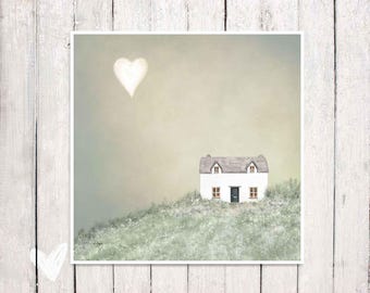 White House On A Hill Fine Art Print: Love Heart Moon Cozy New Home Landscape
