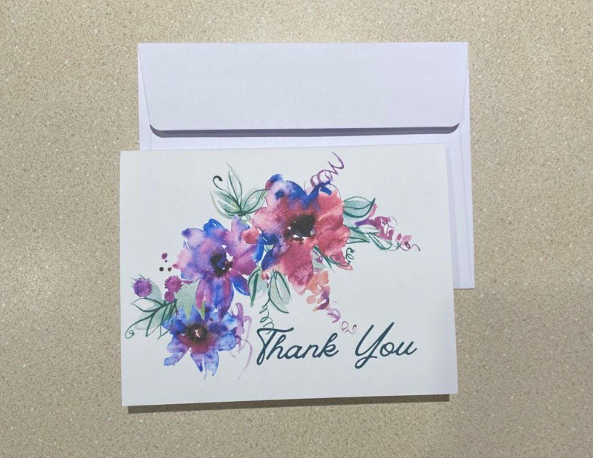 Watercolor Floral Thank You Cards - Set of 12 With Envelopes - Etsy