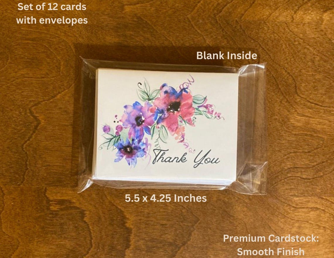 Watercolor Floral Thank You Cards - Set of 12 With Envelopes - Etsy