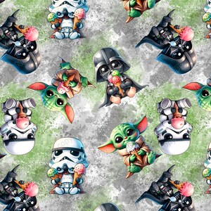 May include: A repeating pattern featuring cartoon characters from Star Wars, including Darth Vader, Stormtroopers, and Baby Yoda, each holding ice cream cones. The background is a mottled gray and green.