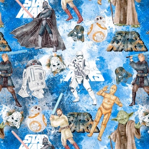 May include: A blue Star Wars themed pattern featuring various characters like Darth Vader, Yoda, and Stormtroopers. The Star Wars logo is also visible. The design includes lightsabers and character masks.