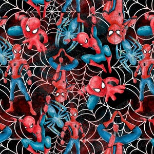 May include: A repeating pattern featuring the superhero Spider-Man in various action poses. The design includes red and blue figures set against a black background with white spiderwebs and blue spiders.