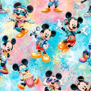 May include: A vibrant pattern featuring multiple Mickey Mouse characters in various poses. Some are wearing sunglasses and headphones, holding microphones, guitars, and popcorn. The background is a colorful splatter of pink, blue, and yellow.