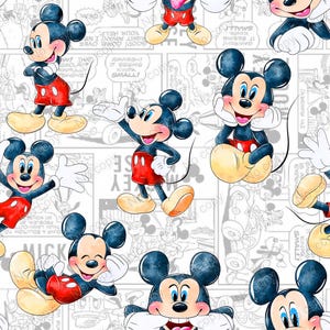 May include: A repeating pattern featuring the iconic cartoon character Mickey Mouse in various poses. Mickey is depicted with his signature black ears, red shorts, yellow shoes, and white gloves. The background is a comic strip style with speech bubbles.