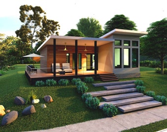 Modern and Quaint Tiny House Plan with Wrap-Around Porch – 485 Sq Ft, 1 Bed | Blueprint and CAD Files | Ideal for First Homes and Downsizing