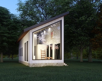 Custom Charming Sloped Roof Cabin Plans with Loft Bedroom | 600 Sq FT | Architectural Blueprints, CAD File & Estimate Included