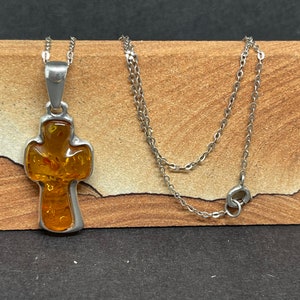 Amber and Silver cross Pendant and Chain