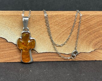 Amber and Silver cross Pendant and Chain