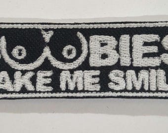 Boobies Make Me Smile Patch – 3.75” x 1.5” (Hook, Iron-On, Sew-On Options)