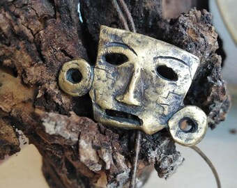 TEOTL Amulettmaske, Handgefertigte Halskette, Handgefertigter Messingbronze Anhänger, Wachsausschmelzguss, Künstlerischer Schmuck, Kunst, Azteken, Magie