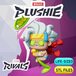 May include: A Rogue Plushie figure from Marvel Rivals, featuring a stylized character with white hair, a yellow headband, and green stitched eyes. The figure is holding a yellow object and wearing a blue bikini. The image includes the text "LIFE-SIZED" and "STL FILES".