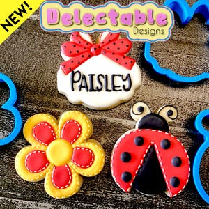 Könnte beinhalten: Glasierte Kekse in Form eines Marienkäfers, einer Blume und einer Schleife. Auf dem Schleifenkeks steht der Name "Paisley". Blaue Ausstecher und der Text "Delectable Designs" sind ebenfalls zu sehen.