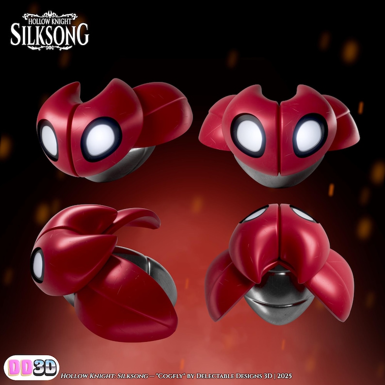May include: Four views of a red Cogfly figure from the Hollow Knight Silksong game. The figure has a red body with white eye-like details and a silver base. The Hollow Knight Silksong logo is in the top left corner.