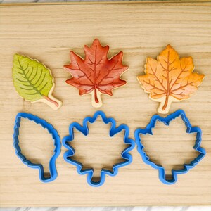 May include: Four cookie cutters in the shape of leaves. Two are blue plastic cutters, one is a simple leaf shape and the other is a maple leaf shape. Two are cookies, one is a green leaf and the other is a red maple leaf.