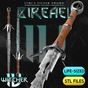 May include: A silver sword with a brown handle, labeled "Zireael" and "Witcher." The image also includes the text "Life-Sized" and "STL Files." The sword has a detailed blade design and a circular pommel.
