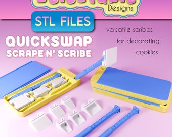 May include: A collection of cookie decorating tools, including blue and yellow cases, white scrapers, and blue scribe tools. The image features the text "Delectable Designs," "STL FILES," and "QUICKSWAP SCRAPE N' SCRIBE." The tools are designed for versatile scribing and cookie decorating.