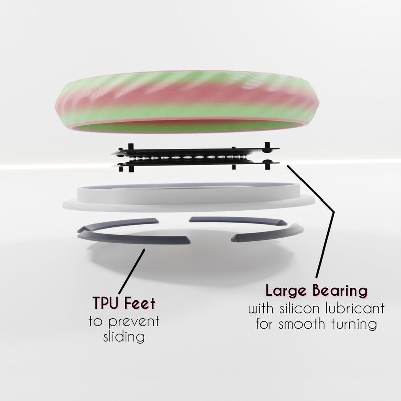 Op de afbeelding: Een close-up van een draaitop met een groene en roze bovenkant, een zwarte lager, een witte basis en vier grijze TPU-voetjes. De tekst "Large Bearing with silicon lubricant for smooth turning" en "TPU Feet to prevent sliding" is zichtbaar.