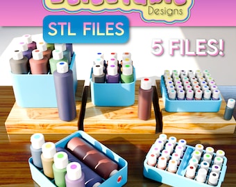 May include: Five 3D printed organizers for small bottles of paint. The organizers are light blue and come in different sizes. The organizers are filled with colorful bottles of paint. The text "STL FILES" and "5 FILES!" is visible in the image.
