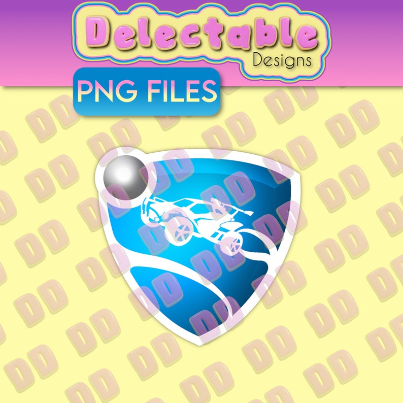 K&ouml;nnte beinhalten: Ein blaues und wei&szlig;es Rocket League Logo mit einem wei&szlig;en Auto und einem silbernen Ball. Das Logo befindet sich auf einem gelben Hintergrund mit einem Muster aus rosa "DD"s.