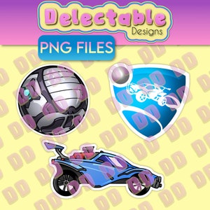 Könnte beinhalten: Drei Rocket League-Sticker: ein blaues Auto, ein blaues und weißes Schild mit einem Auto darin und ein silberner und schwarzer Ball.