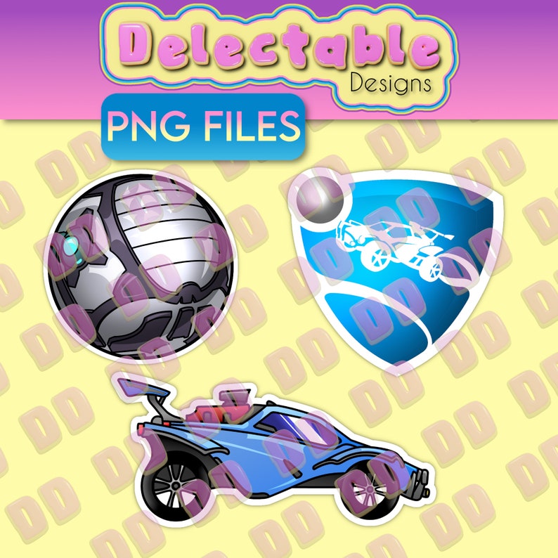 K&ouml;nnte beinhalten: Drei Rocket League-Sticker: ein blaues Auto, ein blaues und wei&szlig;es Schild mit einem Auto darin und ein silberner und schwarzer Ball.