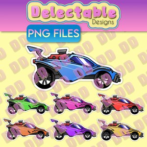 K&ouml;nnte beinhalten: Satz mit 7 digitalen Cliparts eines Cartoon-Gel&auml;ndewagens in verschiedenen Farben: Blau, Gr&uuml;n, Rosa, Rot, Orange, Lila und Gelb. PNG-Dateien.