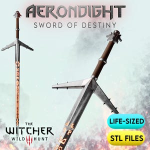 May include: A life-sized sword replica titled Aerondight Sword of Destiny from The Witcher Wild Hunt. The sword features a metallic blade with glowing orange runic inscriptions, a brown wrapped grip, and a detailed pommel. Includes STL files.
