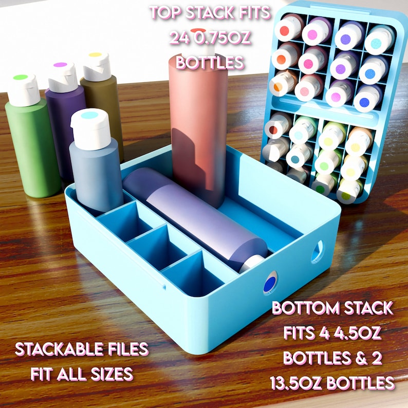 May include: A blue plastic organizer with a removable top section. The top section holds 24 small bottles, while the bottom section holds 4 larger bottles and 2 extra-large bottles. The organizer is labeled "TOP STACK FITS 24 0.75OZ BOTTLES" and "BOTTOM STACK FITS 4 4.5OZ BOTTLES & 2 13.5OZ BOTTLES".