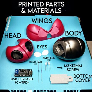 May include: An overhead shot displays components labeled "PRINTED PARTS & MATERIALS." The image features a red "HEAD" and "WINGS," a black "BODY," white "EYES," and a "BOTTOM COVER." Additional components include a USB-C board, resistors, LEDs, and a screw.