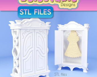 May include: White, ornate, wooden cabinet with two doors. The doors are closed in one image and open in the other, revealing a white dress inside. The text "STL FILES" is at the top of the image. The text "STL files for printing at home" is at the bottom of the image.
