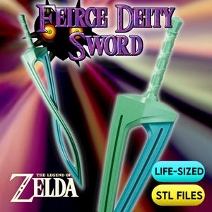 以下が含まれることがあります： ゼルダの伝説の、緑と青の2色使いの Fierce Deity Sword。 剣は、十字型の柄と長く湾曲した刃を持つ独特のデザインです。 画像には「LIFE-SIZED」と「STL FILES」の文字も含まれています。